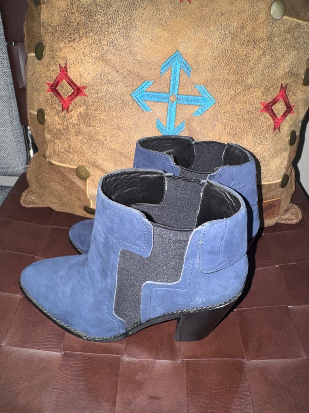 L.A.M.B Women's Blue Suede Ankle Booties - Slip-On Heel Size 8